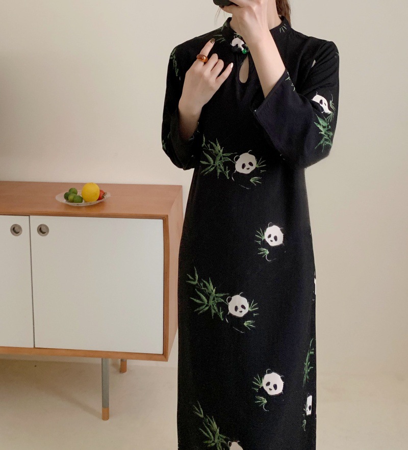 G771 Retro long-sleeved new Chinese style green national style rayon improved cheongsam skirt protein cotton silk large size dress nightgown