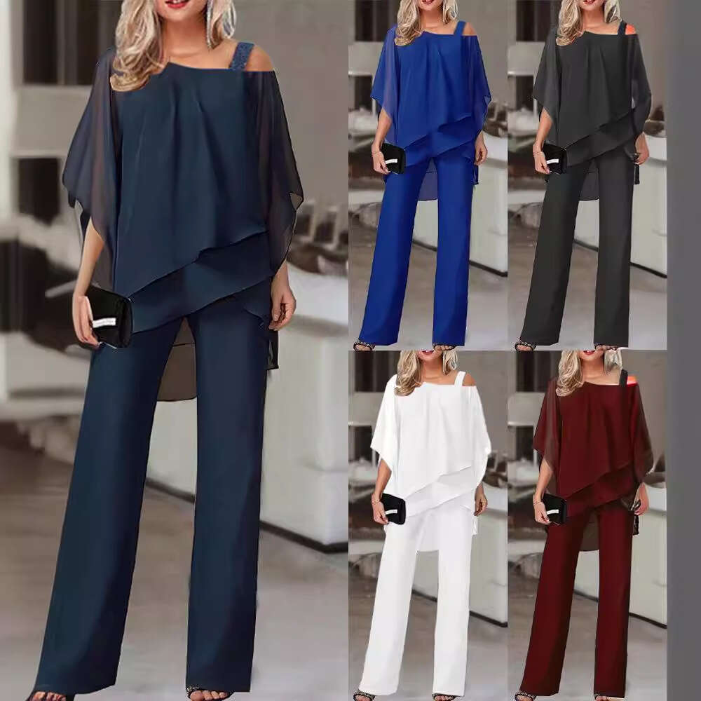 European And American New Solid Color Loose Casual Slanted Shoulder Bat Sleeve Irregular Long Pants Two-Piece Set Fashionable Quality Classic