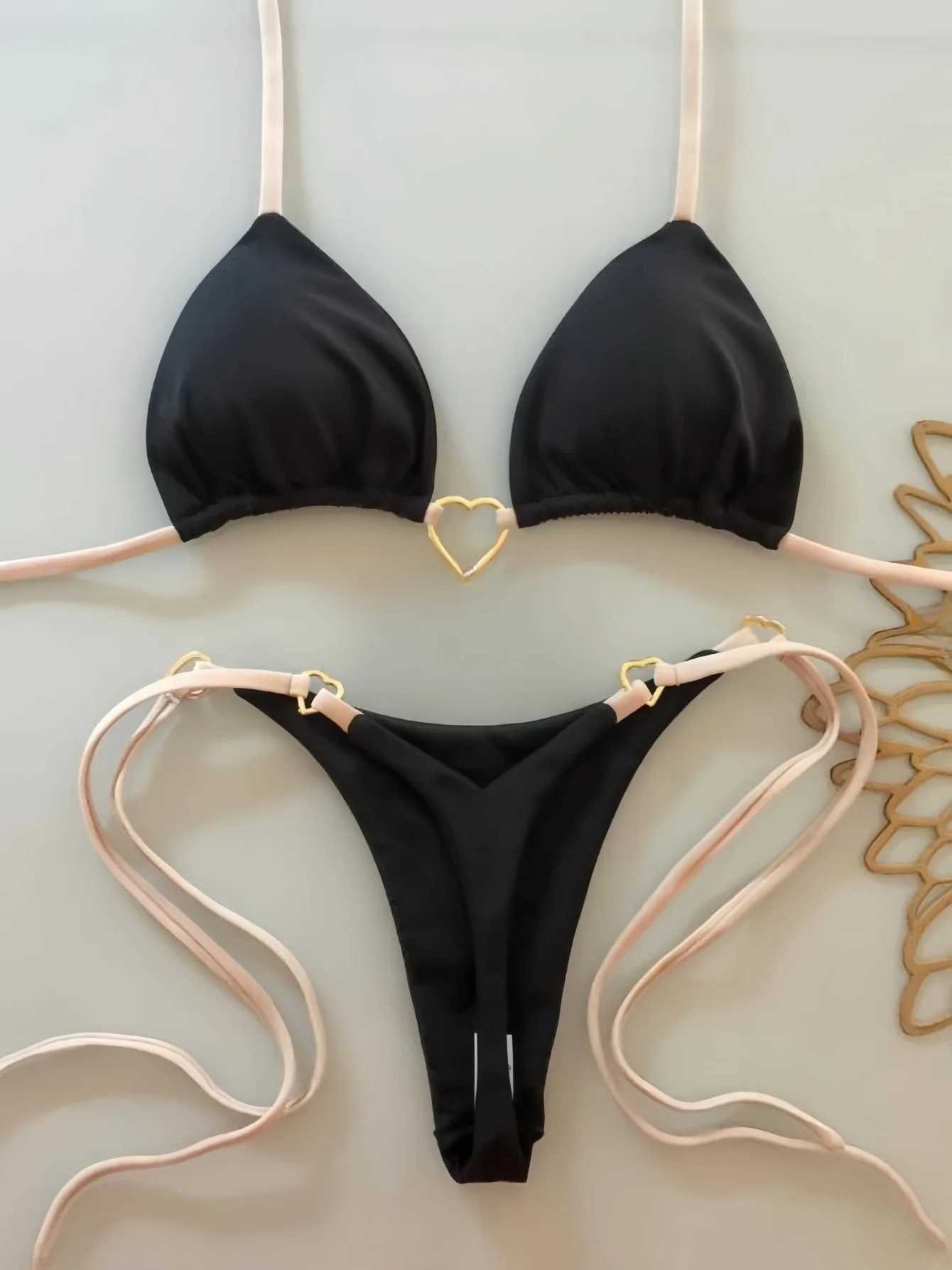 2024 New Sexy Low Waisted Bikini Set Swimsuit Fa Swimwear Women Solid Strappy Beachwear Bathing Suits Brazilian biquiniXJ241212