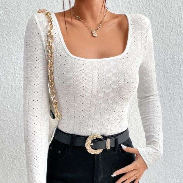 European and American 2023 autumn new short independent style slim fit square neck long sleeved T-shirt for women