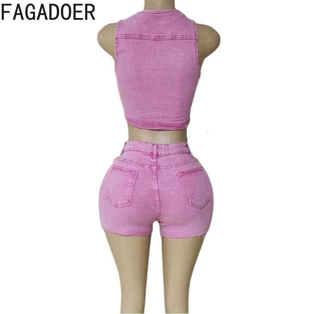 Women's Two Piece Pants FAGADOER Denim Sexy 2 Piece Sets Women Outfit V-Neck Buttons Crop Vest and Embroidered Patchwork Shorts Suit Y2k Strtwear