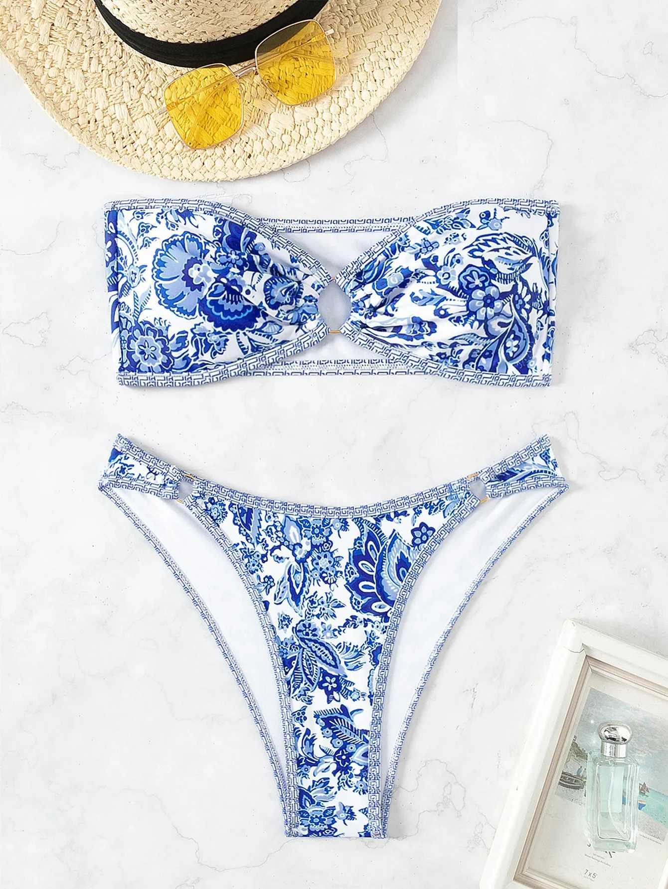 Womens Strapss Sexy Bikini Set Blue and White Porcelain Printed 2 Piece Swimsuit 2024 Summer Beach Vacation Bathing SuitXJ241212