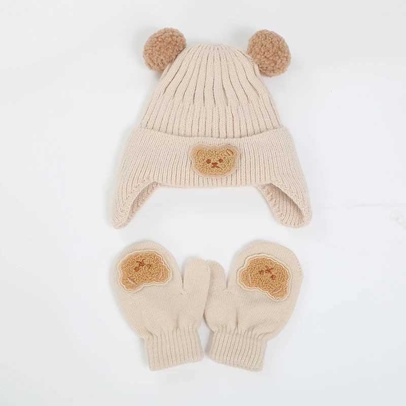 Cute Bear Pompom Baby Hats Gloves Set Winter Knit Beanie and Mittens for Girls Boy Crochet Weather Caps Baby AccessoriesXJ241213
