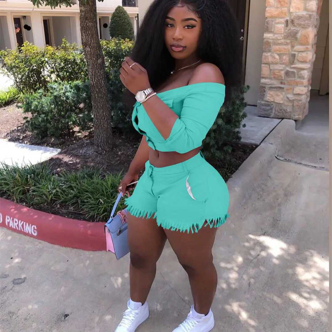 Women's Two Piece Pants Two Piece Set Women Off Shoulder Buttons Crop Top Shorts 2 Piece Set Outfits Tracksuit Plus Size Casual Strtwear S 3XL 4X