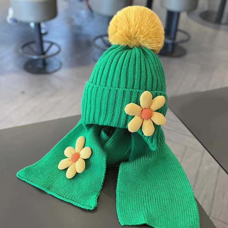 12 Colors Winter Girls Warm Cute Flower Knitted Hats Children Outdoor Beanie Hat with Scarf Kids Cap Headwear Accessories 2-5YXJ241213