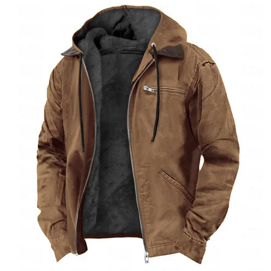 M12126 Men's hooded cotton jacket with multi-color solid print and brown lining