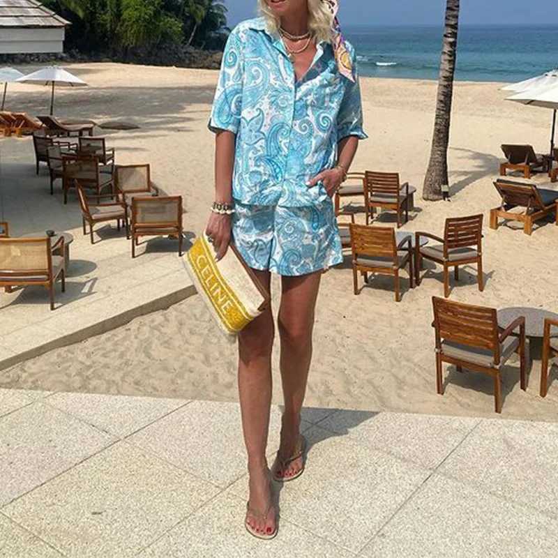 Women's Two Piece Pants Ladies Spring And Summer Fashion Printed Vacation Short Slve Collar Single Breasted Shirt Shorts Pocket Casual Two Piece 