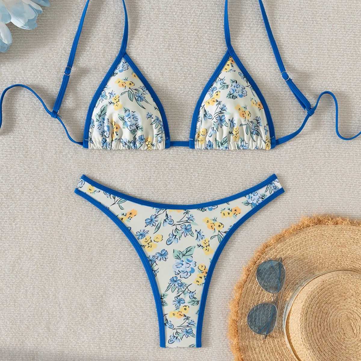 Roupas Finina Spliced Floral Swimwear 2024 Woman New Triang Cup Bikinis Sets Beach Sty Swimwear Lace Up Chic Bikini BK1399XJ241212