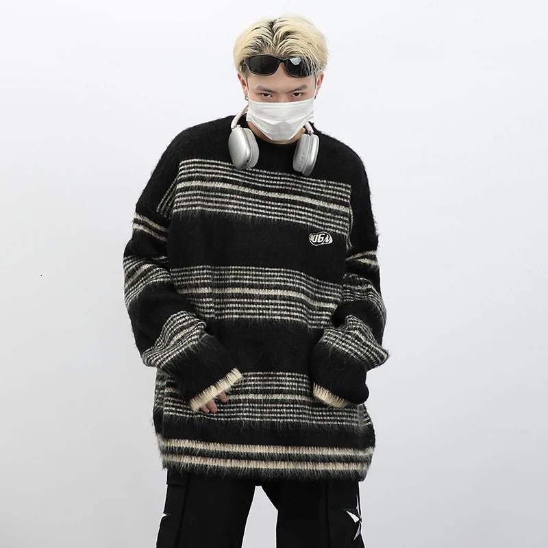 PFNW American Striped Letter n Chic Sweater Mens Vintage Round Neck Loose Autumn Winter Knitted Male Tops 28W4429 241213