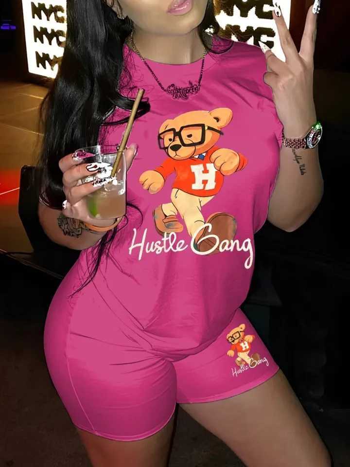 Women's Two Piece Pants LW Plus Size Cartoon Bear Letter Print Two Pieces Suits Shorts Set Short Slve Crewneck T-shirt and Matching Pants 2pcs Ou