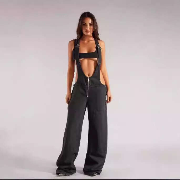 European American New Fashionable And Sexy Suspender Solid Color Sleeveless Suspender, Denim Zipper Pocket Pants, Women's Fashion Quality Classic