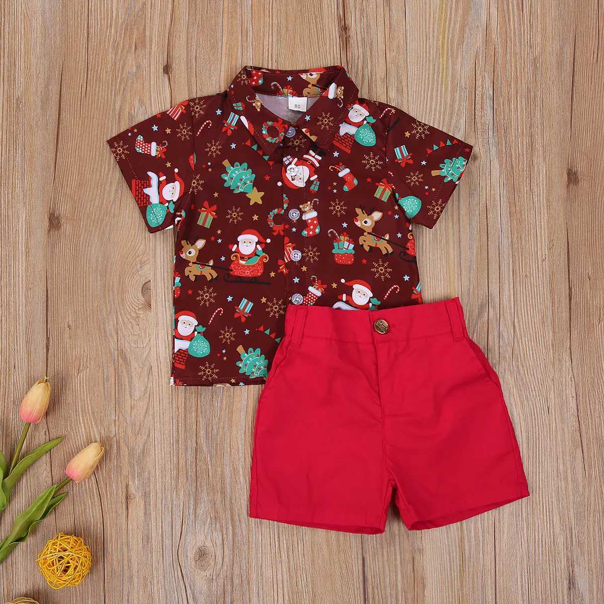 1-6Y Christmas childrens boys clothing set baby cartoon long sleeved shirt with bow pendant shorts wrapped in party Christmas costumes W241213
