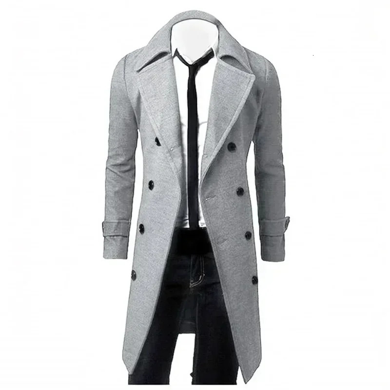 Mens Double Breasted Trench Coat Wool Blend Autumn Winter Solid Casual Slim Fit Long Jacket Fashion Clothing 241213