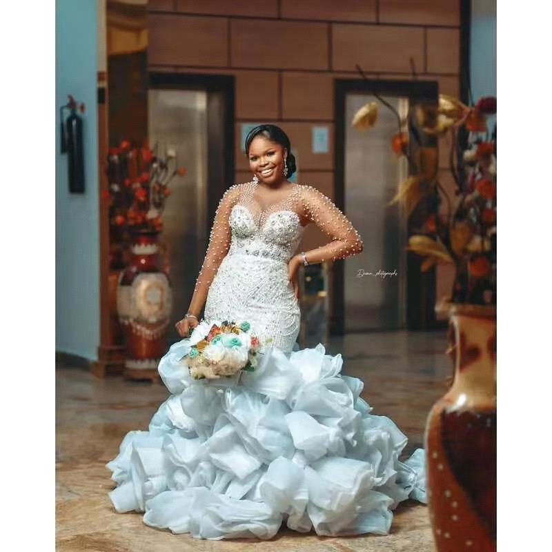 Shinny Full Beads Crystals Mermaid Arabic Aso Ebi Wedding Dress Long Sleeves Tiered Ruffles Bridal Gowns bc19872