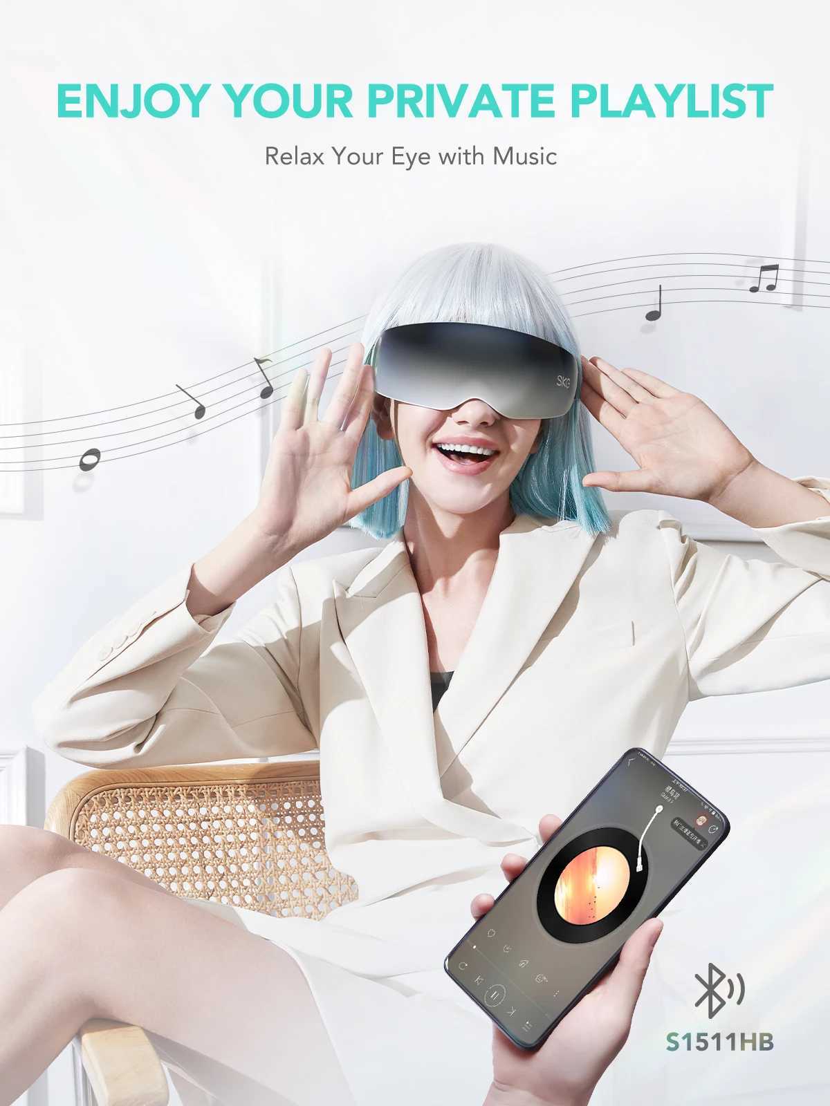SKG E7-EN heated vibrating Bluetooth music smart eye massager suitable for migraine adaptive temple massage and relaxing the eyes W241213