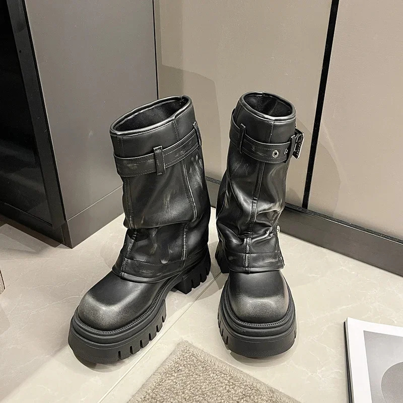 Mid-calf High Heel Modern Boots Round Toe Square Heel 2024 High Quality Ladies Shoes Solid Zipper Punk Autumn Womens Boots 241213