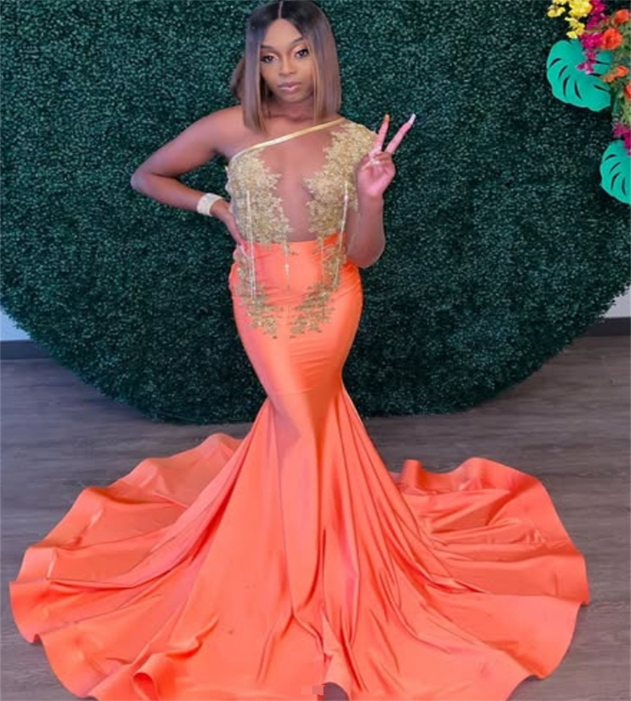 Beautiful Orange Evening Dress With Lace One Shoulder Mermaid Black Girls Prom Dresses Charming Formal Birthday Party Vestio De Fiesta 2025