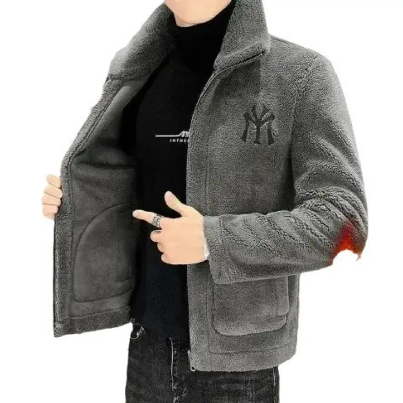 Mens Autumn and Winter Lamb Wool Jacket Lapel with Thick Fleece 241213