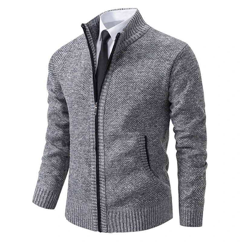 Winter Mens Casual Knitted Cardigan Sweater Stand Collar Fleece Jacket Solid Color Fashion Warm Zipper Coat clothing 241213