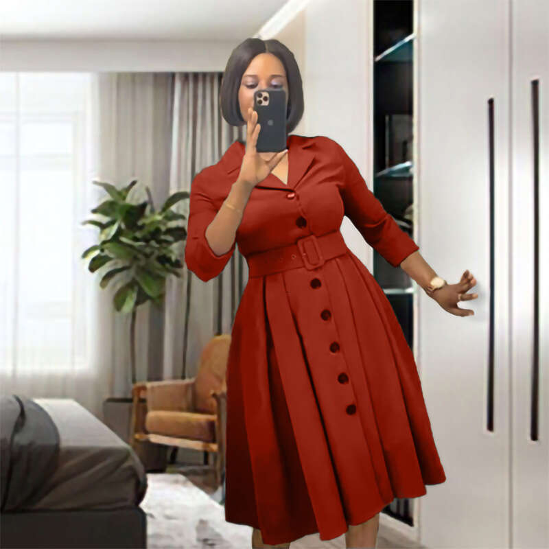 European And American New Casual Women's Clothing Solid Color Lapel Long Sleeved Multi Button Waist Cinched Dress With Belt Fashionable Quality C