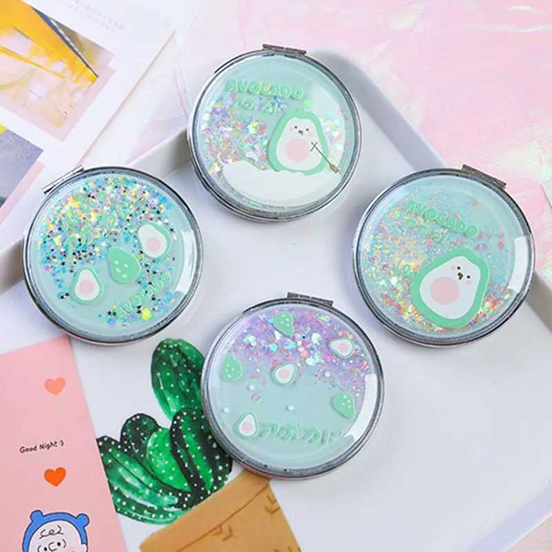 TSHOU884 Portable Double-Sided Folding Cosmetic Mirror Girl Gift Flowing Sparkling Sand Mini Avocado Makeup Mirror CompactXJ241213