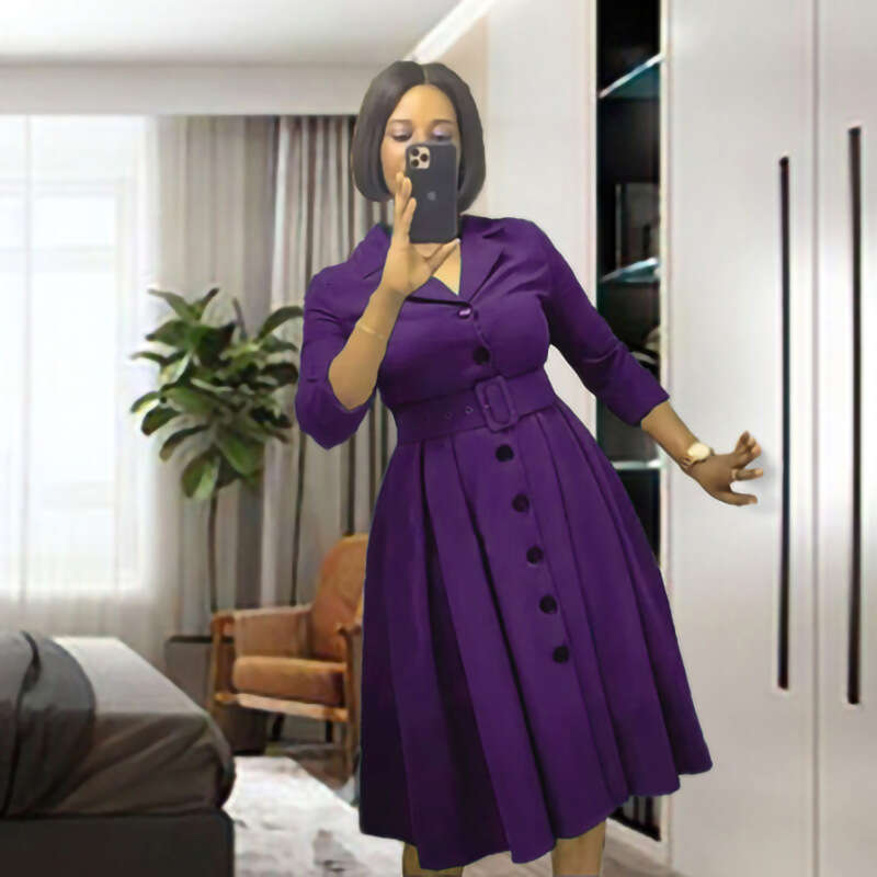 European And American New Casual Women's Clothing Solid Color Lapel Long Sleeved Multi Button Waist Cinched Dress With Belt Fashionable Quality C