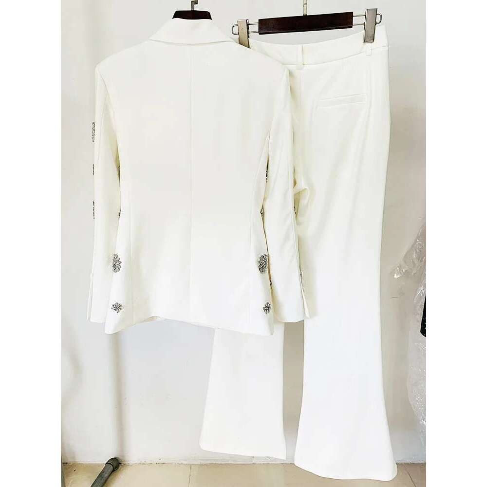 Ladies' Suit TOP QUALITY Newest Fashion Designer Set Women's Urious Rhie Dias Beaded Blazer Flare Pants Suit 2Pcs