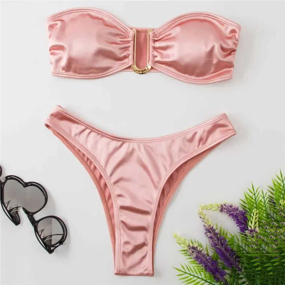 Sexy U Shaped Bandeau Bikinis Set Mujer Strapss Swimwear Women Gold Swimsuit Bathing Suit Biquinis Brazilian Bikini Swim 2024XJ241212