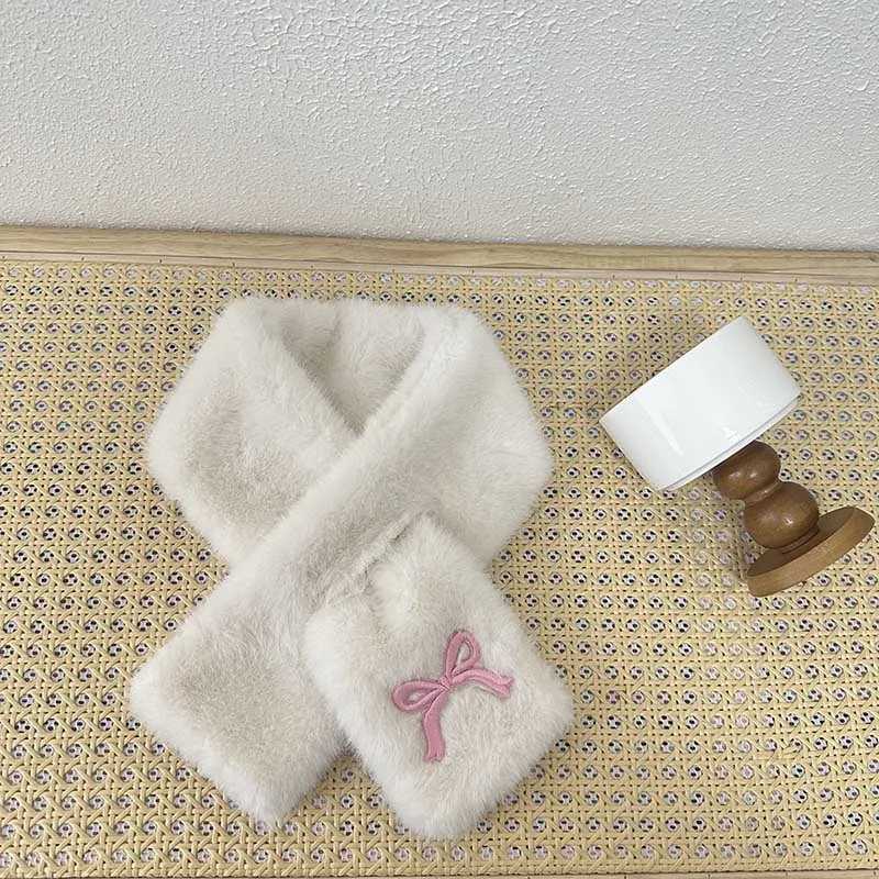 Scarves Wraps Cute Bow Plush Baby Scarf Winter Warm Thicken Faux Fur Neckerchief for Toddler Korean Bowknot Embroidered Kids Cross H241213