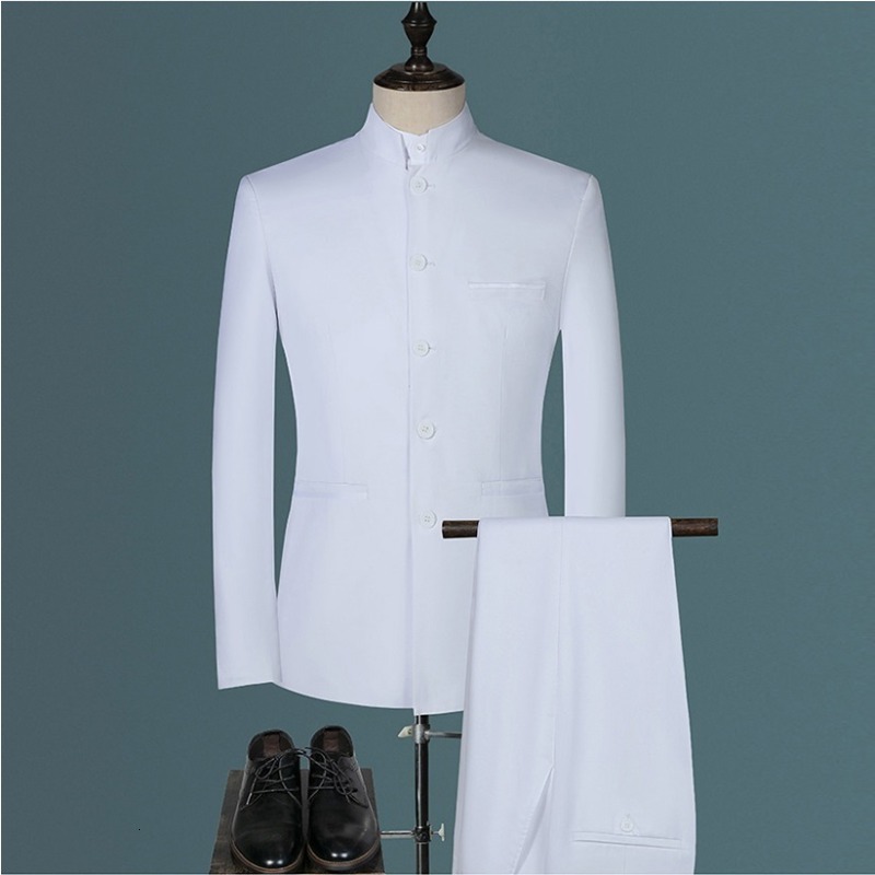 Mens Set (Jacket+Pants) 2024 New Boutique Fashion Stand Collar Chinese Style Slim Fit Suits Two Piece Wedding Men Clothing