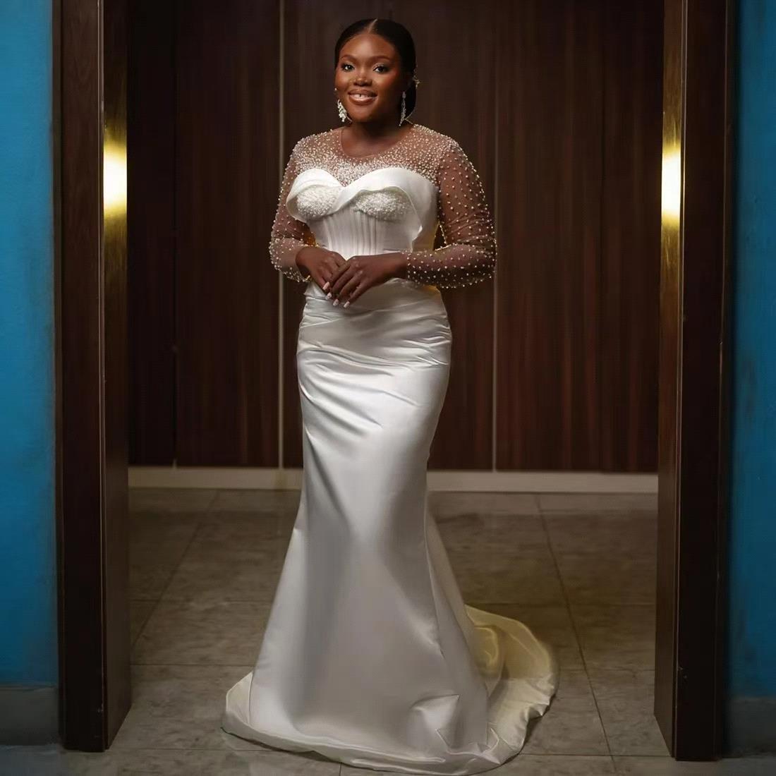 Beautiful Shinny Beads Wedding Dress With Detachable Train Vestidos De Novia Long Sleeves Satin Bridal Gown bc19873