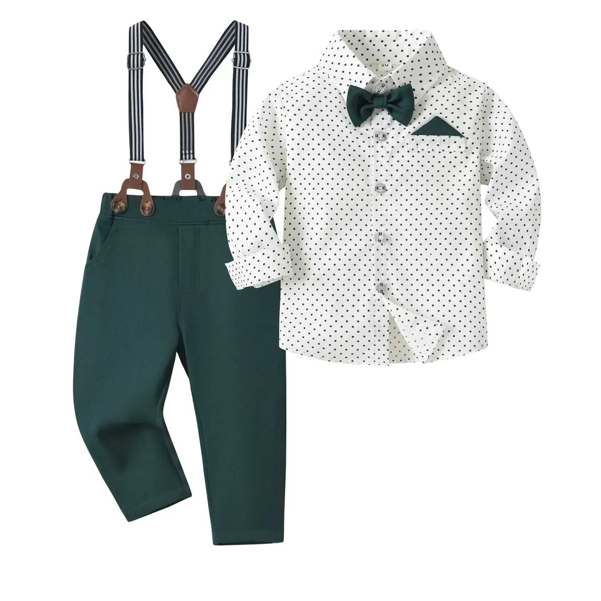 2-6 Years Boy Spring Gentleman Outfit Polka Dot Printed Shirt with Solid Pants Children Suspender Bow Set Birthday Party Costume W241213