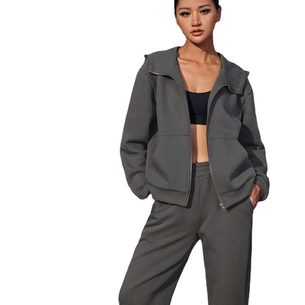 Spring Autumn European American Women's Solid Color Hooded Long Sleeved Ankle Binding Sports Two-Piece Set, Trendy Clothing, Fashionable And Casu