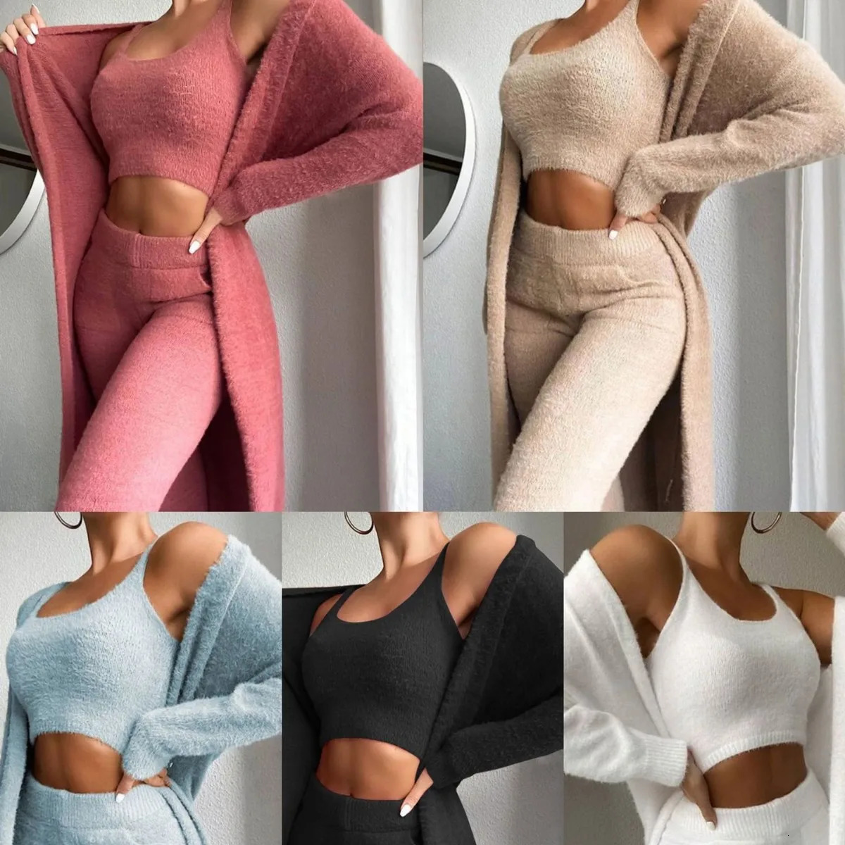 Autumn Winter Plush Vest Threepiece Sexy Vneck Short Trousers Suit Temperament Womens Set 241203