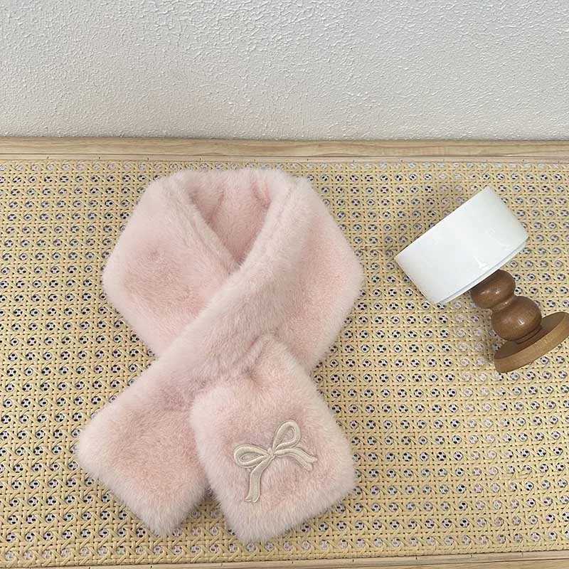 Scarves Wraps Cute Bow Plush Baby Scarf Winter Warm Thicken Faux Fur Neckerchief for Toddler Korean Bowknot Embroidered Kids Cross H241213