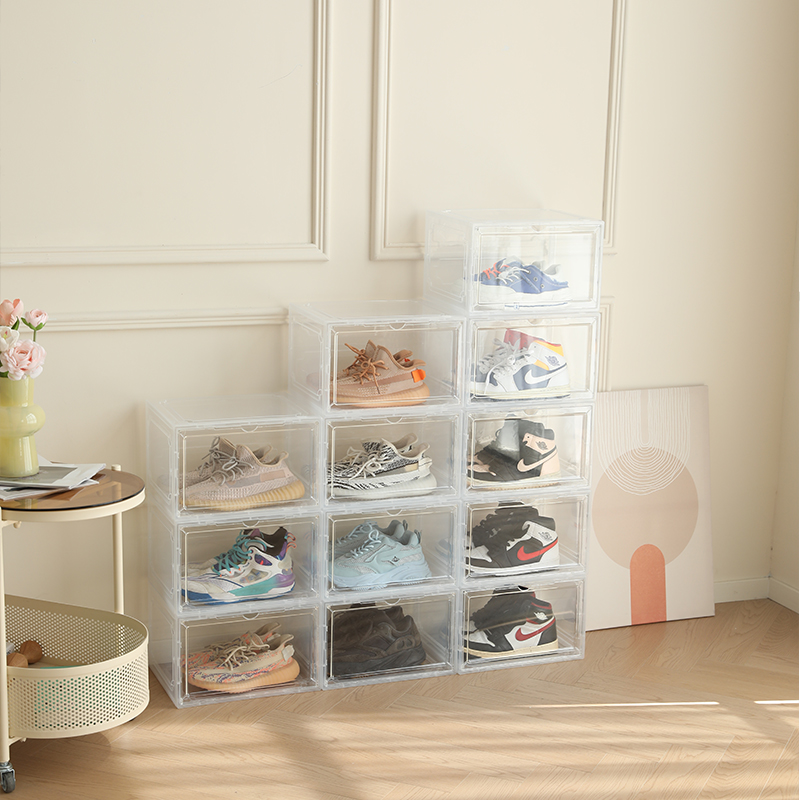 New side opening transparent basketball shoe box acrylic magnetic foldable flip storage shoe box shoe storage box
