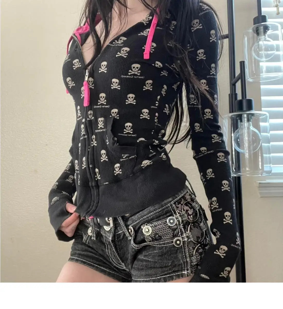 Y2k Clothing Skeleton Punk Girl Ultra Thin Zipper Hoodie Gothic 2000s Street Womens Top Outdoor Harajuku Retro 241212