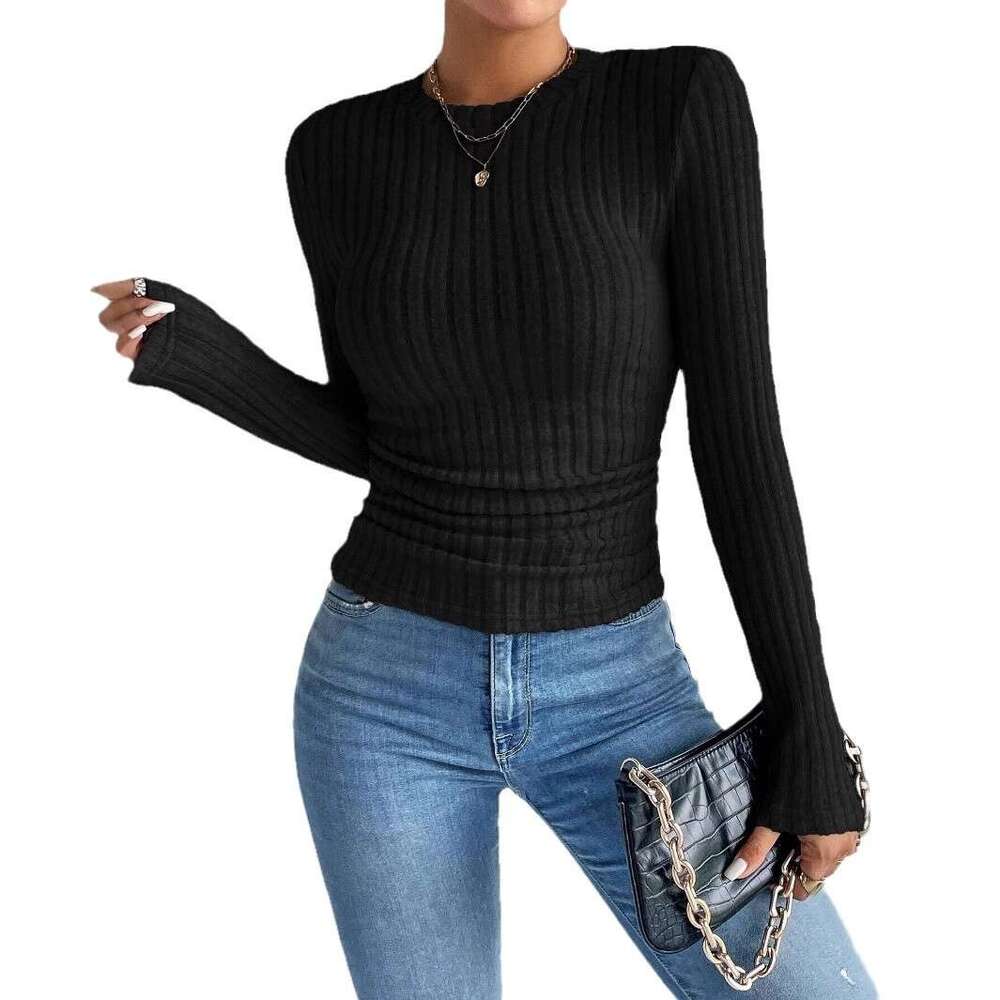European and American long sleeved top 2024 winter slim fit round neck versatile knitted base T-shirt