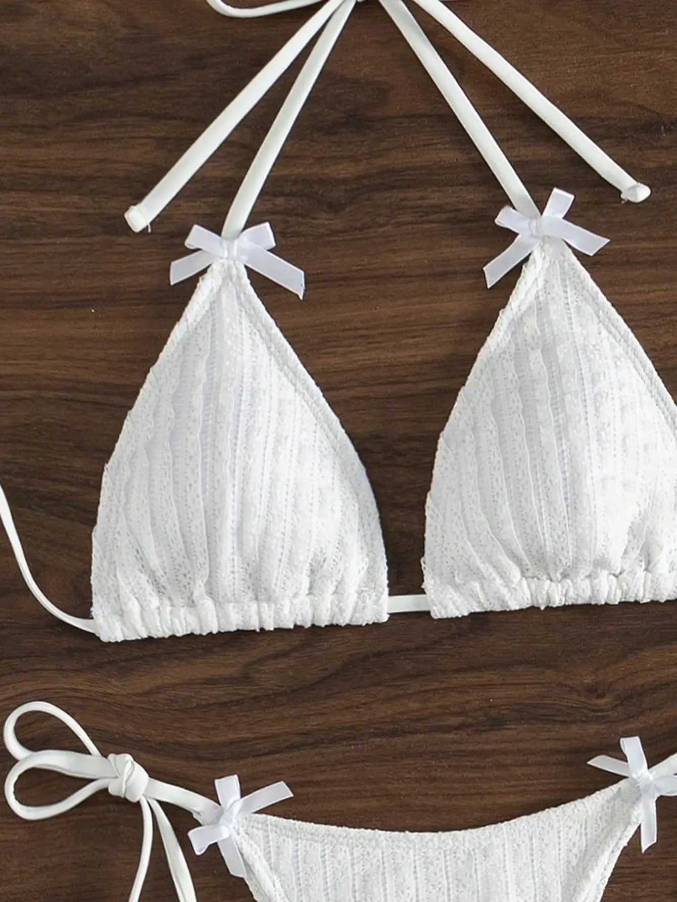 2025 New Solid Color White 2 Piece Swimsuit Sexy Bow Triang Halter ss Bikini Set Lace-up Thong Bathing Suit SwimwearXJ241212
