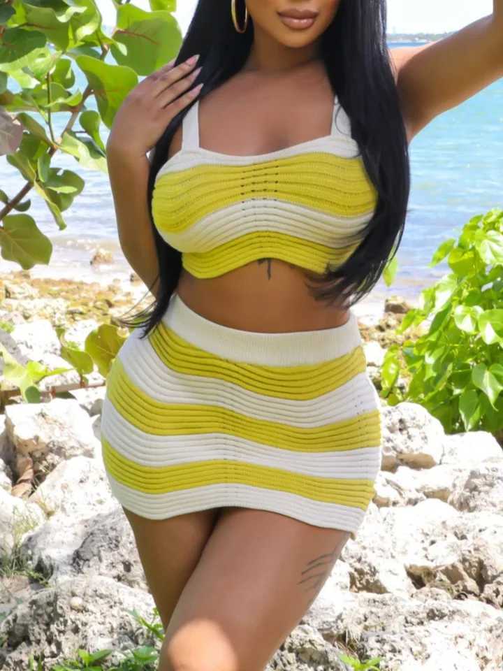 Women's Two Piece Pants LW Scalloped Mesh Striped Skirt Set summer 2pcs Fashion Outfits slveless crop top Tank + mini skirt sets women Matching Y