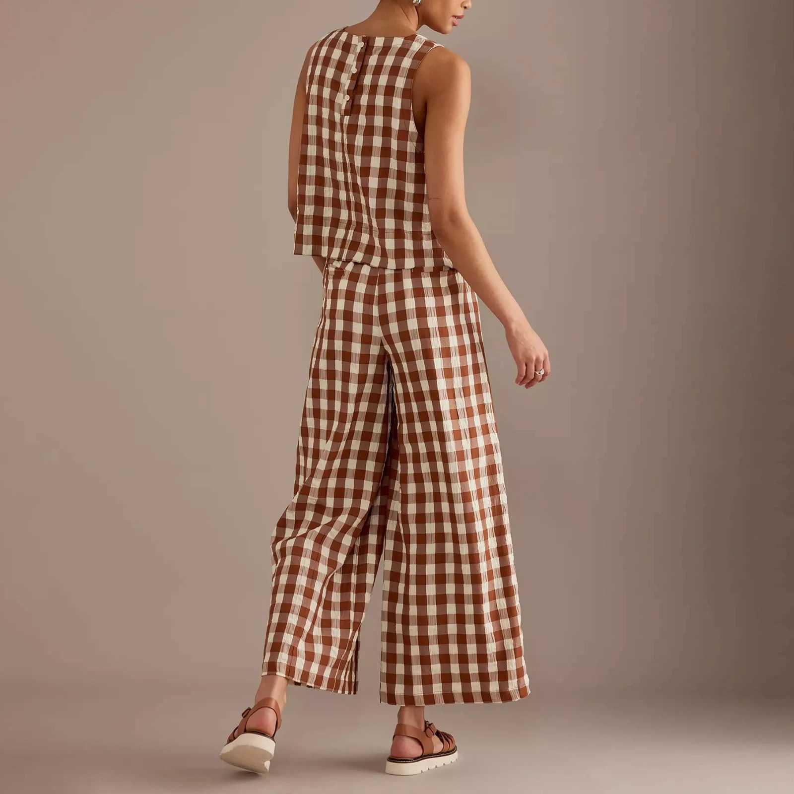 Women's Two Piece Pants Hirigin Gingham 2 Piece Lounge Pants Sets for Women Y2k Plaid Print Outfits Slveless Tank Top Baggy Wide Leg Pants Suits 