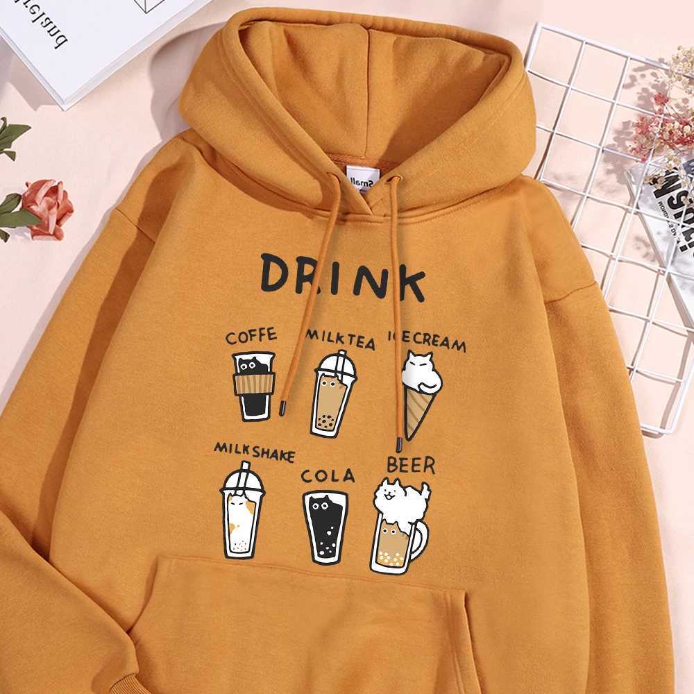 Cat Drinksprinted Hoody Mens Autumn Warm Sweatshirt Ssimple Fit Hoodie Large Zipper Top Creative Design for Womens Top W241213