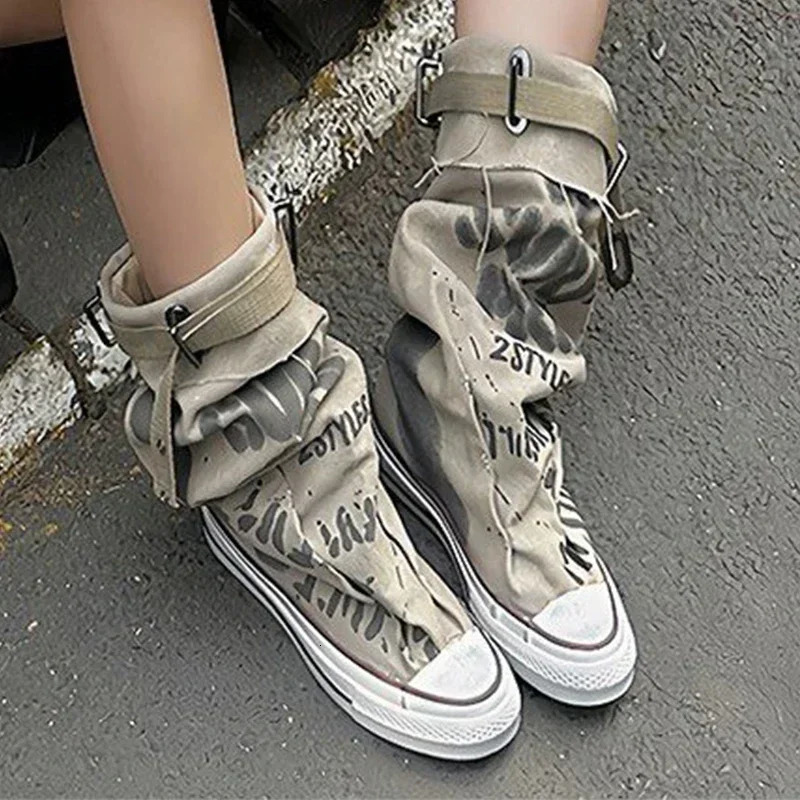 Women Canvas Sneakers Flats er Mid Calf Snow Boots Fashion Shoes Woman 2024 Trend Winter Punk Chelsea Boots Lady Shoes 241213
