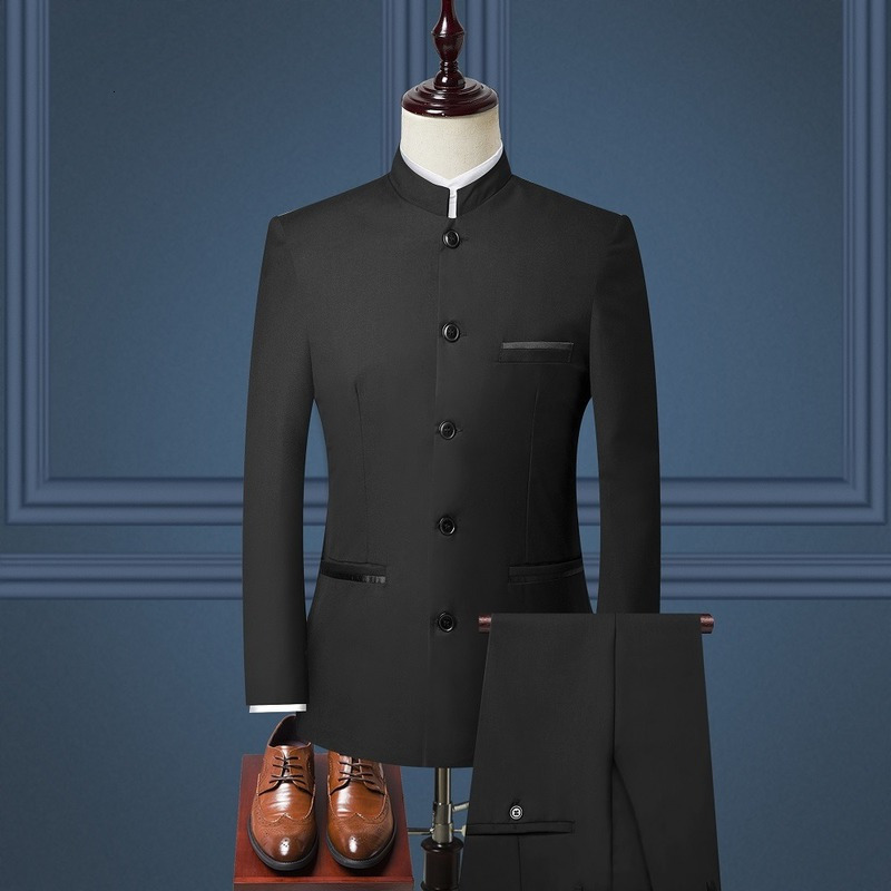 Mens Set (Jacket+Pants) 2024 New Boutique Fashion Stand Collar Chinese Style Slim Fit Suits Two Piece Wedding Men Clothing