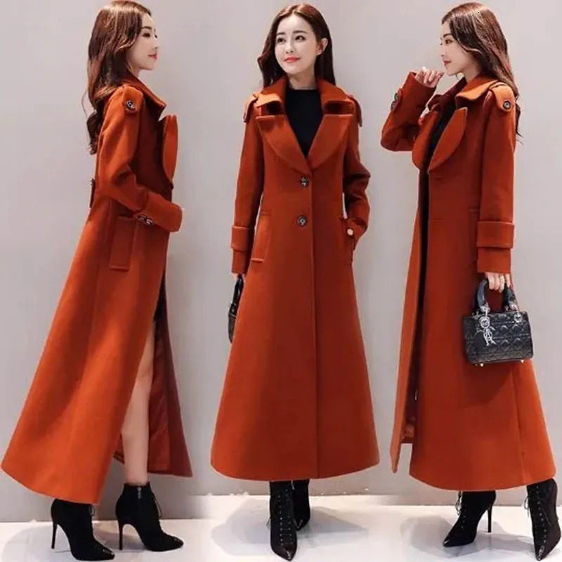 Winter Womens Elegant Long Woolen Coats Warm Slim Thicken Trench Overcoat Office Lady Fashion Plus Size 70kg Classic Jackets 241213