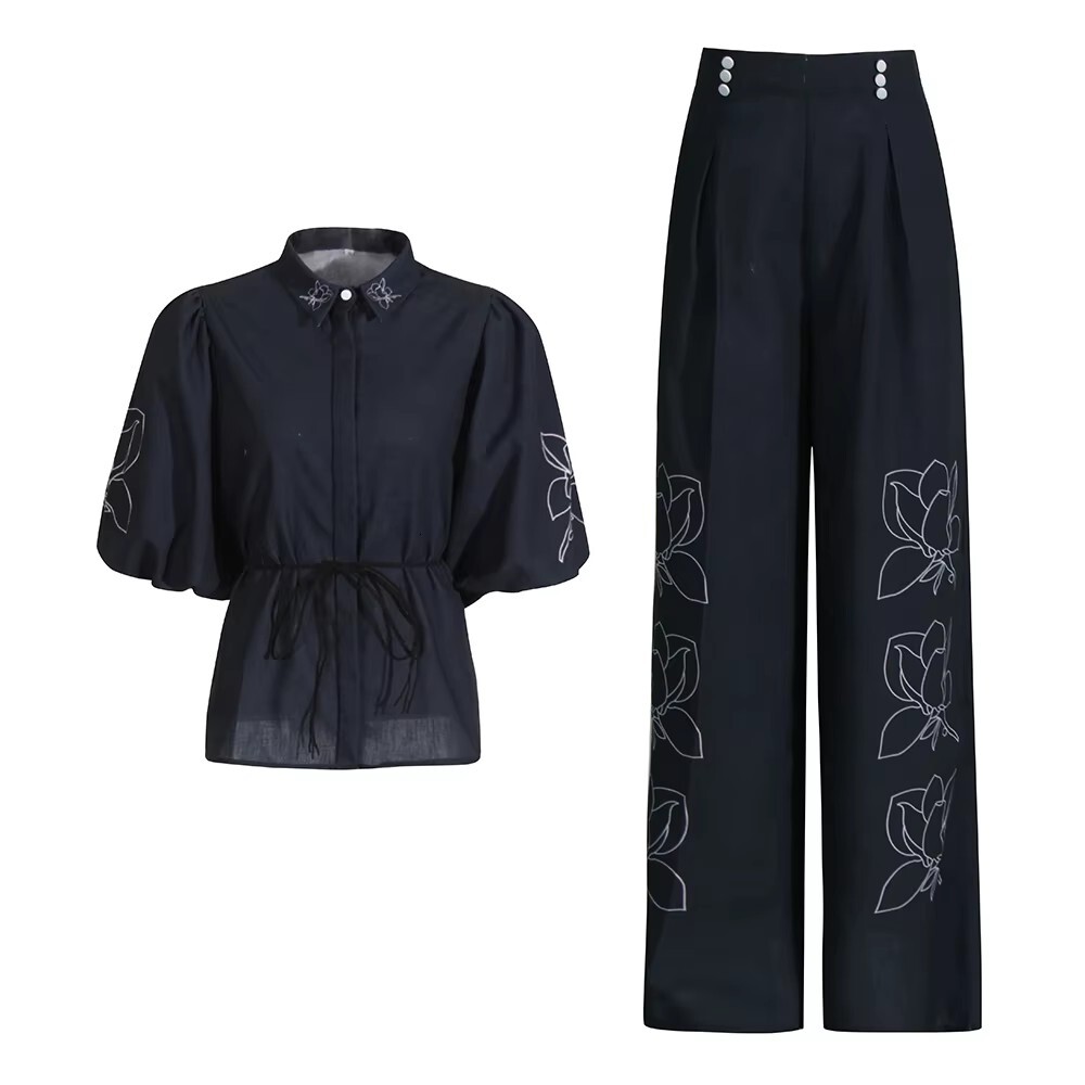 Solid Printing Two Piece Sets For Women Lapel Puff Sleeve Top High Waist Wide Leg Pant Casual Set Female Fashion