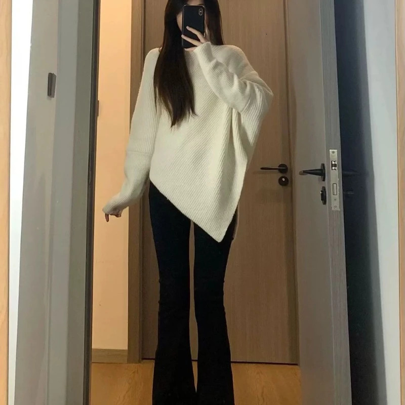 Autumn and Winter Womens Sweater Korean Fashion Casual Turtle Neck Solid Asymmetric Loose Batwing Sleeve Pulling Flower Knitted Top 241212
