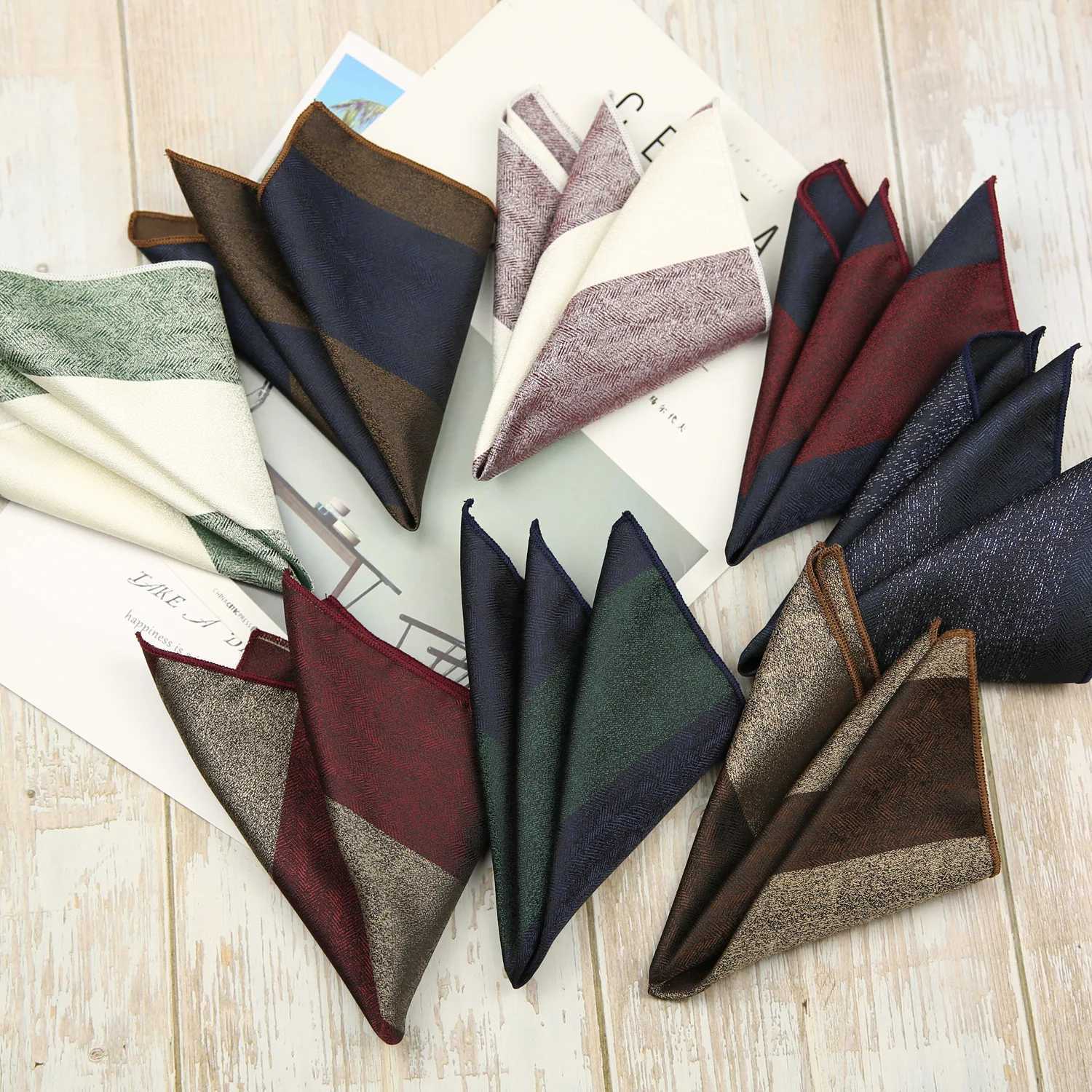 23CM mens silk pocket square brown red stripe handle business soft Hanji wedding party set accessories tie box towel W241213