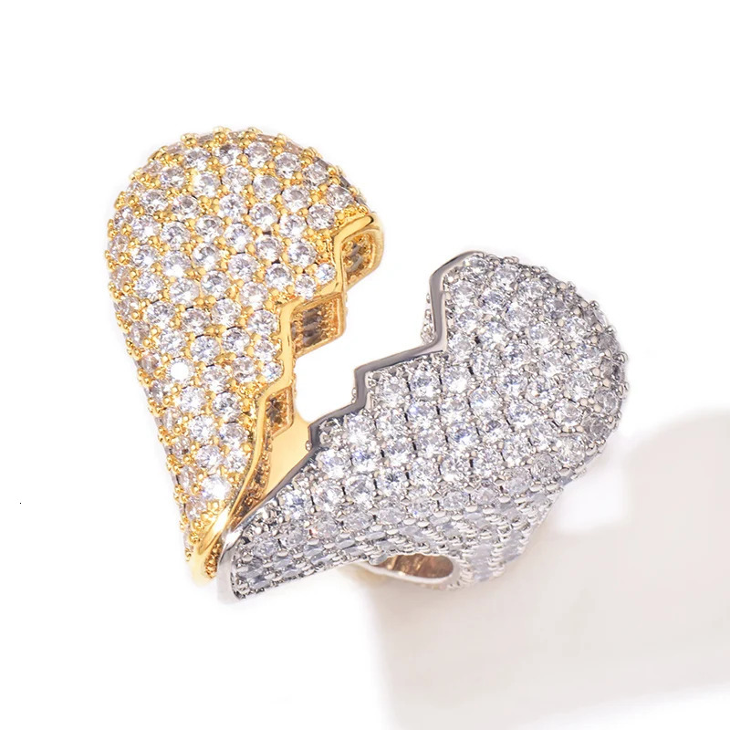 Hip Hop Rapper 5A CZ Stone Paved Bling Ice Out Broken Heart Rings for Men Women Unisex Lover Jewelry Gold Silver Color 241213
