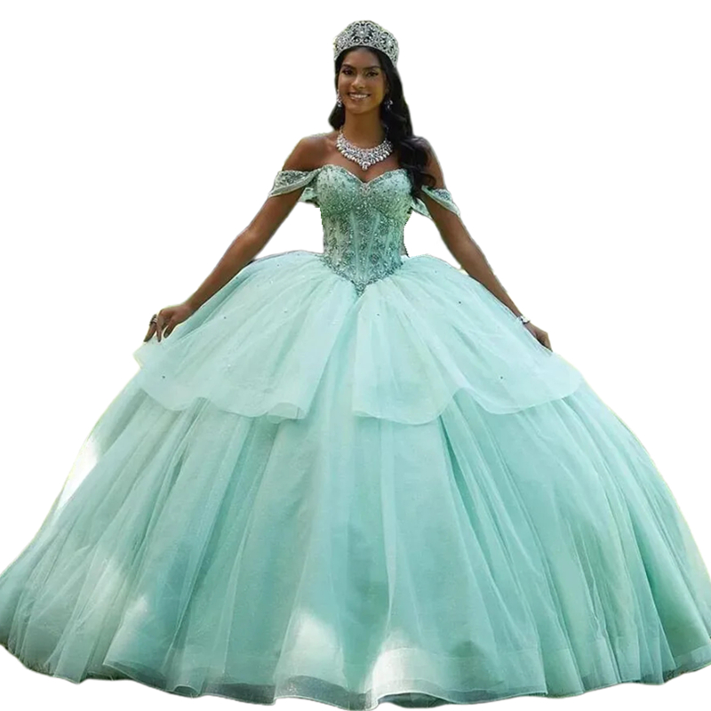 Mint Green Princess Quinceanera Dresses With Bow Back 2025 Off Shoulder Ball Gown Sweet 16 Dress Lace Appliques Beaded Special Occasion Wear